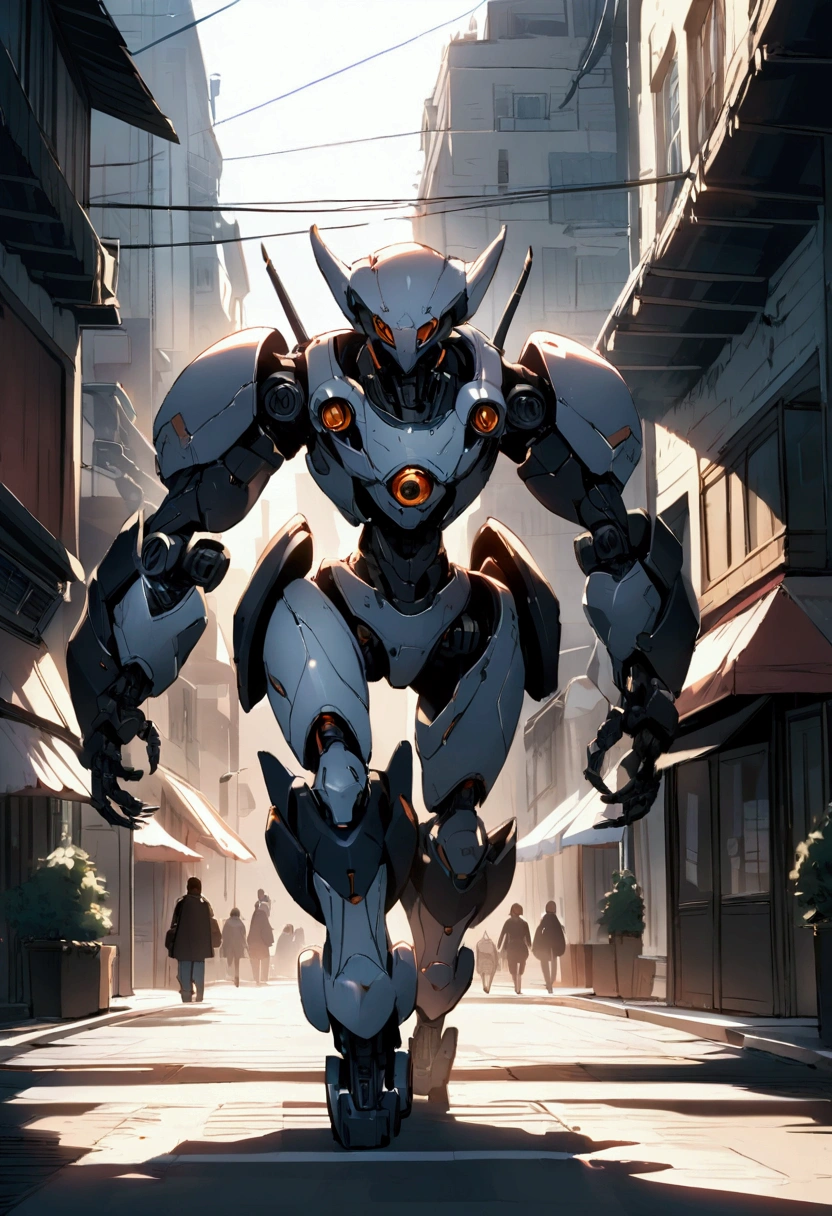 sexy mechanical creature walking in the city, daylight