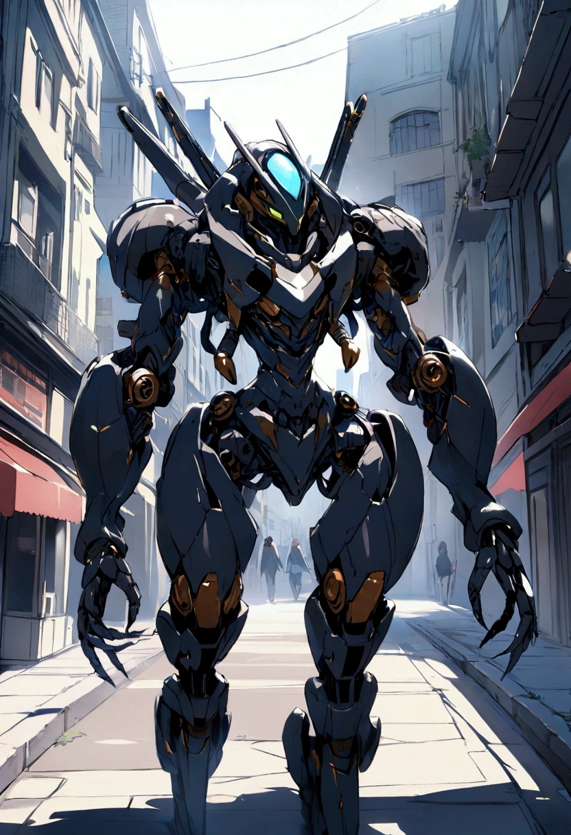 sexy mechanical creature walking in the city, daylight