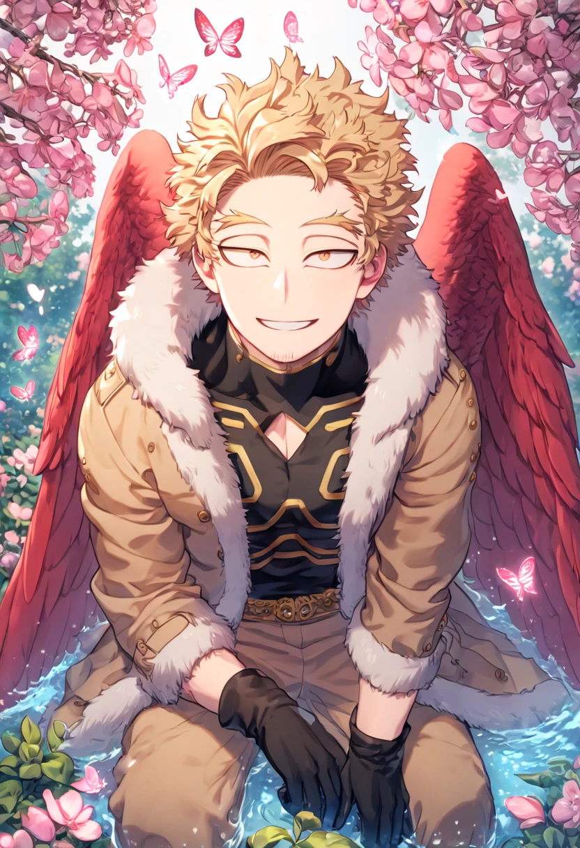 absurdres, highres, ultra detailed, HDR, master piece, best quality, extremely detailed face, delicated features, Hawks, ash-blonde hair, expressive golden brown eyes, faint stubble, red wings on his back, Boku No Hero Academia, solo, sexy man sitting, handsome, brown coat with fur collar, black tight shirt with patterns, black gloves, brown pants, smile, fantasy, magical, pink butterflies, spring, pink leaves, pink flowers, water, garden