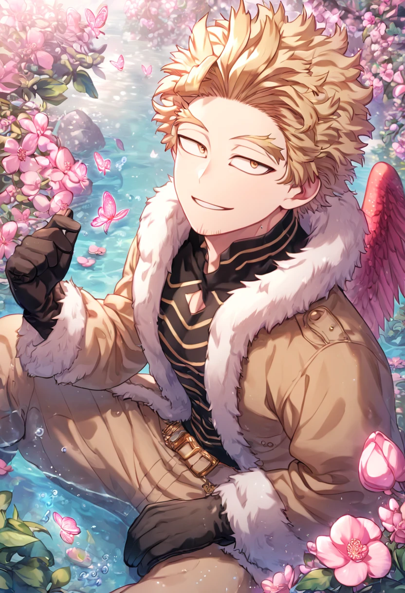 absurdres, highres, ultra detailed, HDR, master piece, best quality, extremely detailed face, delicated features, Hawks, ash-blonde hair, expressive golden brown eyes, faint stubble, red wings on his back, Boku No Hero Academia, solo, sexy man sitting, handsome, brown coat with fur collar, black tight shirt with patterns, black gloves, brown pants, smile, fantasy, magical, pink butterflies, spring, pink leaves, pink flowers, water, garden