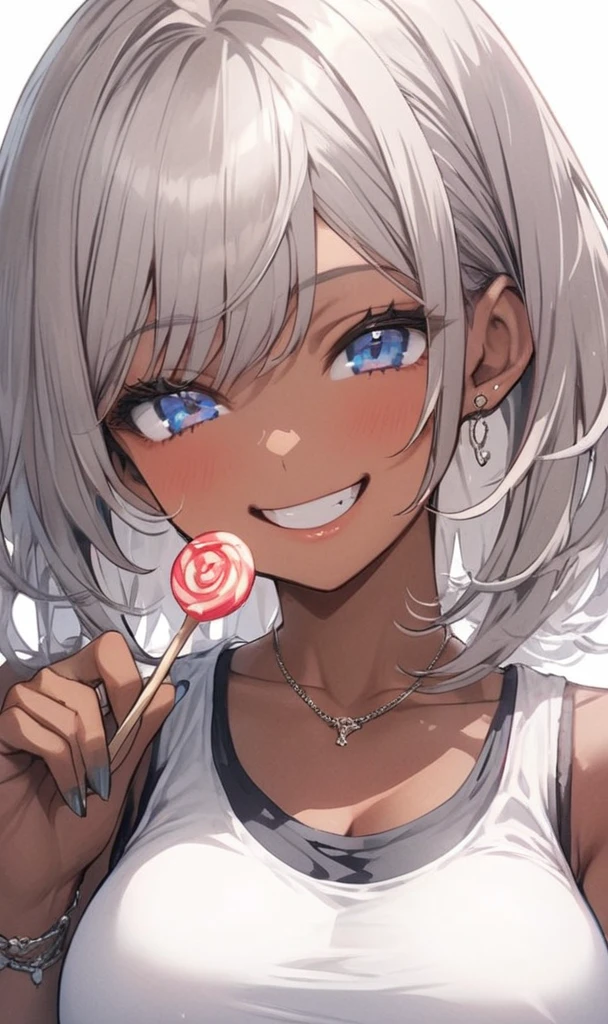 Highest quality,Blue eyes,Gray hair bob cut,25-year-old woman,Wearing a tank top,A cheerful smile,Holding a candy,Big Breasts,Brown skin