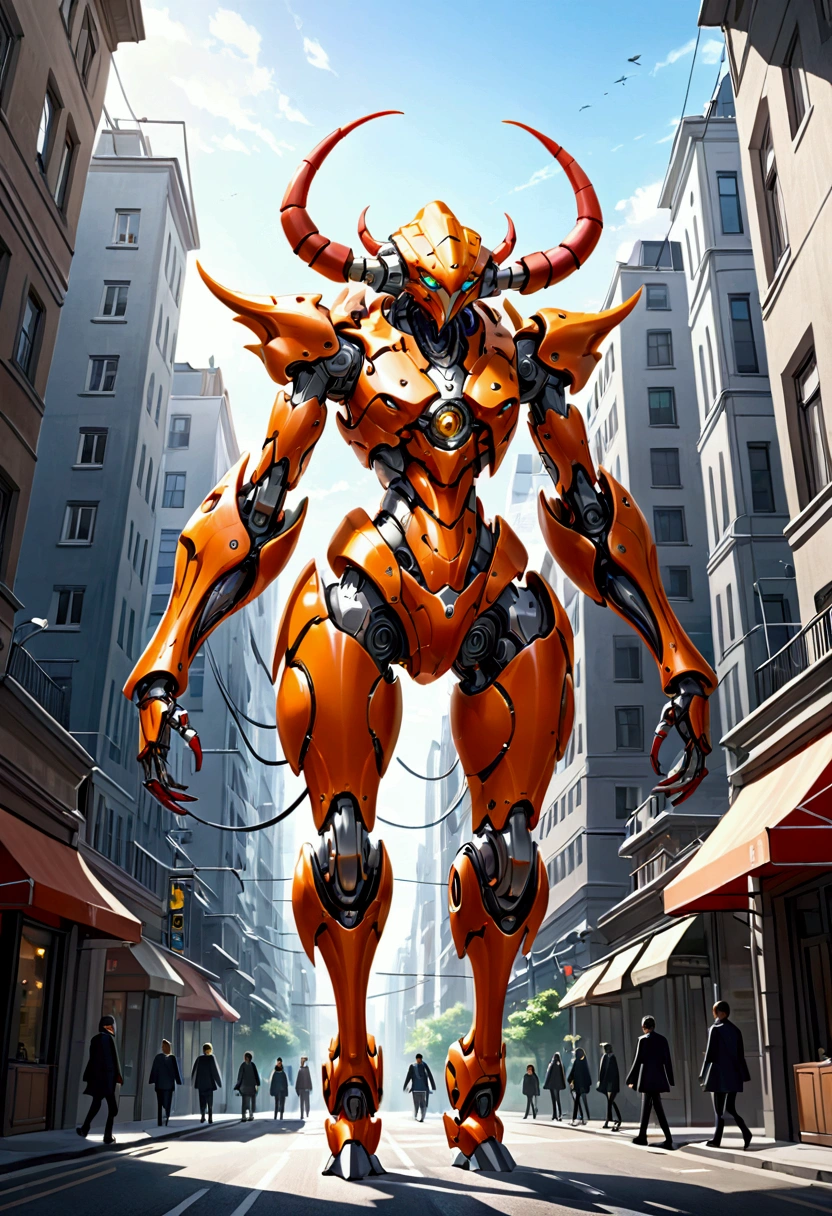sexy mechanical creature walking in the city, daylight