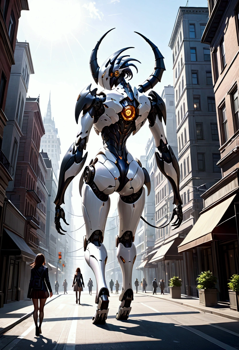 sexy mechanical creature walking in the city, daylight