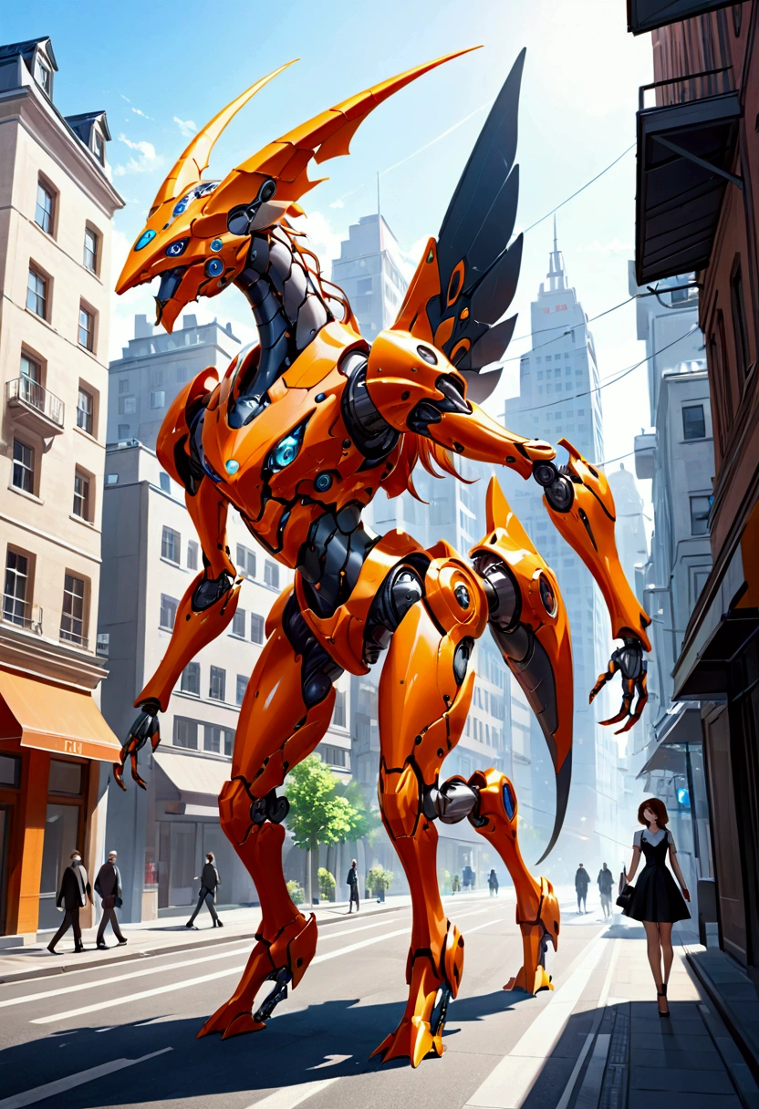 sexy mechanical creature walking in the city, daylight
