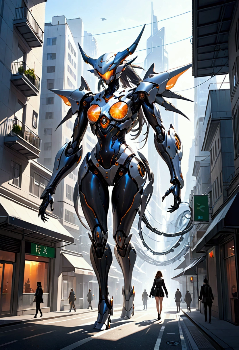 sexy mechanical creature walking in the city, daylight