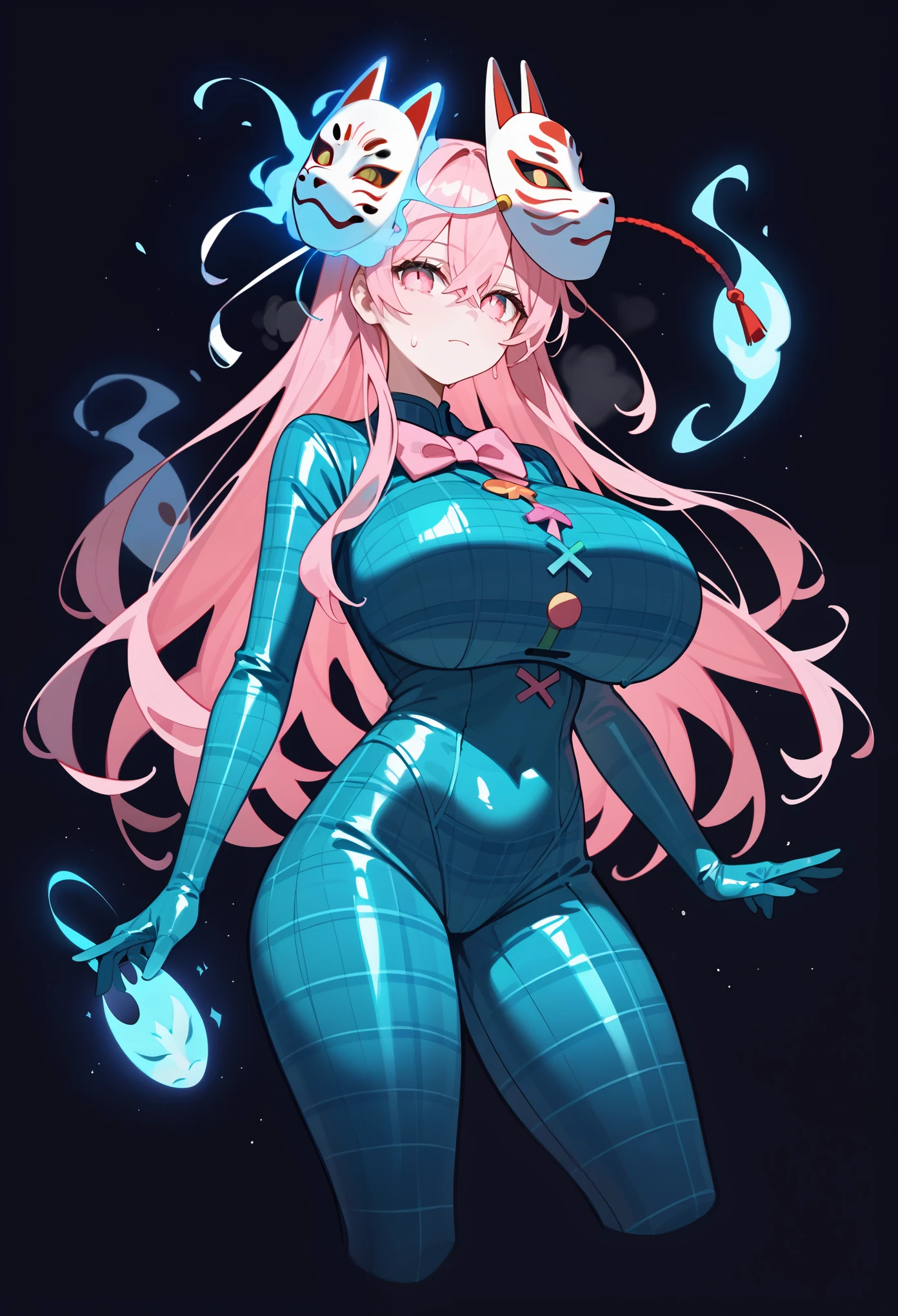 (masterpiece, Highest quality, Ultra-high resolution), 1girl, Hata no Kokoro, fox mask, Pink hair, long hair, pink eyes, Emotionless face, dark background, mask on head, closed mouth, huge breasts, (dark blue latex bodysuit), plaid pattern on suit, The clothes fit perfectly, pink bowtie, Bright red latex has a strong metallic sheen, Glossiness, shiny, whole body slimy, Sweat, Stuffy, steamy, Glossiness, shiny