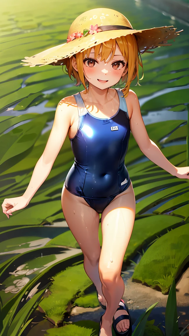 A girl around is smiling and wearing a straw hat.。Wearing a competitive swimsuit。Walking along a rice field path。I'm wearing sandals。High resolution and high image quality。(one-piece swimsuit:1.8)