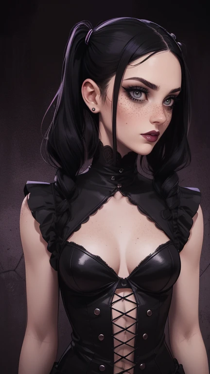 Portrait. The image depicts of a young woman. dark hair and two pigtails. She is wearing gothic style clothing and accessories, a very dark look. The backdrop is an empty and dark place at night, illuminated by neon lights, (Slim body:1.4), (Freckles), (Gothic Makeup).