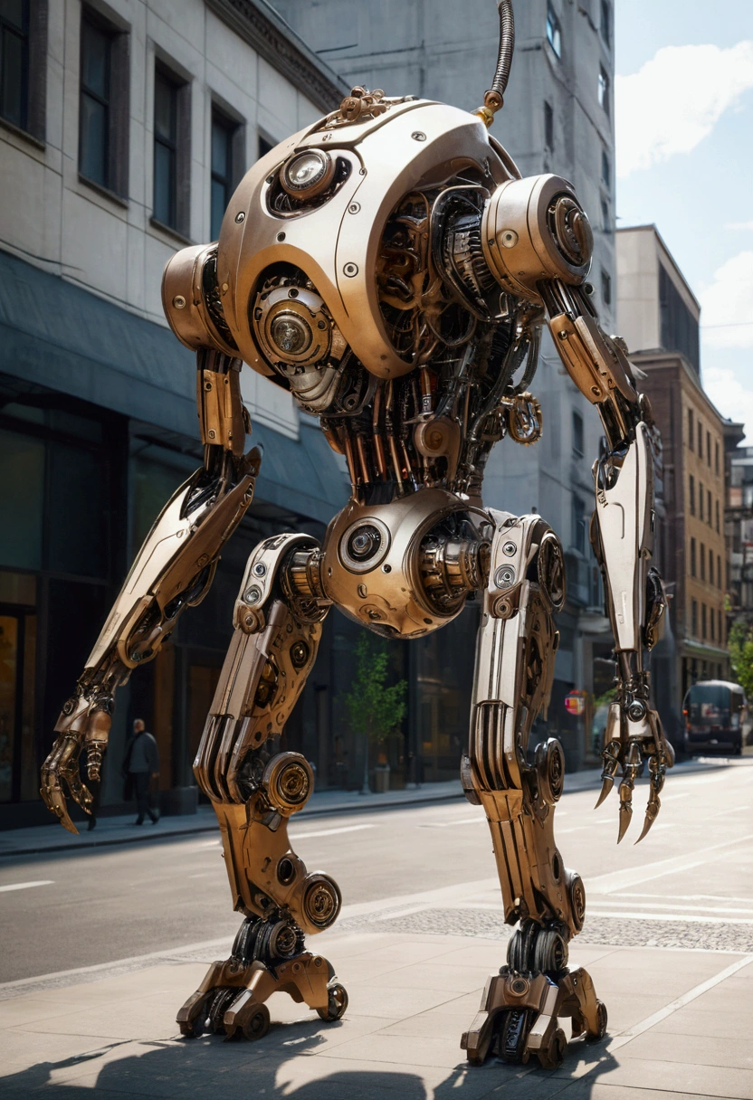 sexy mechanical creature walking in the city, daylight