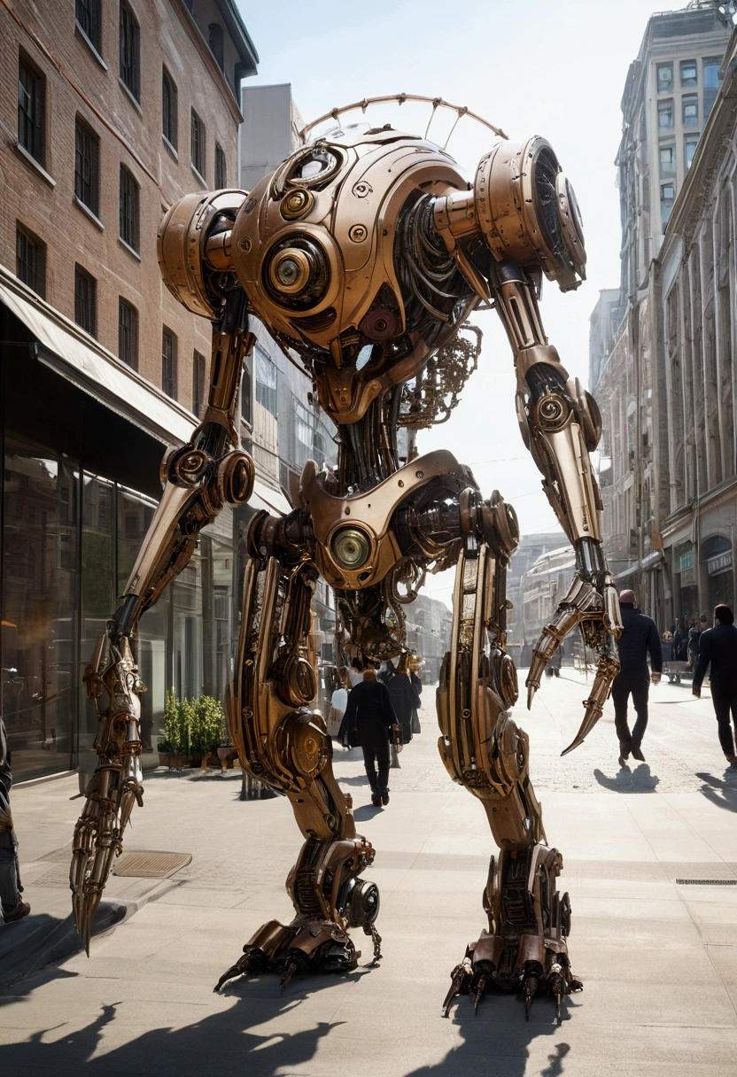 sexy mechanical creature walking in the city, daylight