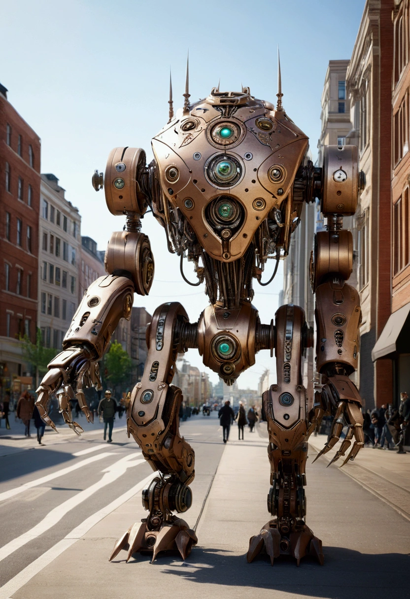 sexy mechanical creature walking in the city, daylight