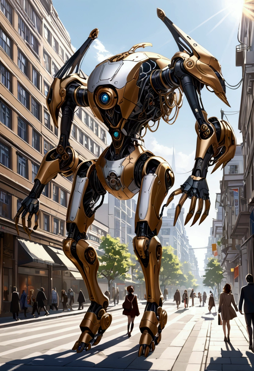 sexy mechanical creature walking in the city, daylight