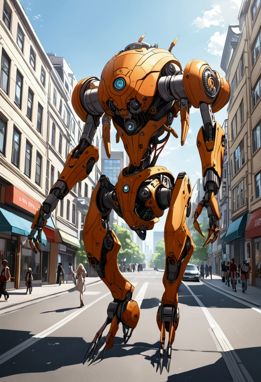 sexy mechanical creature walking in the city, daylight