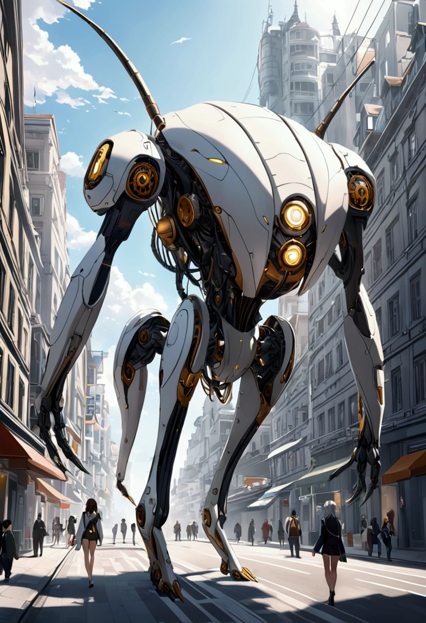 sexy mechanical creature walking in the city, daylight