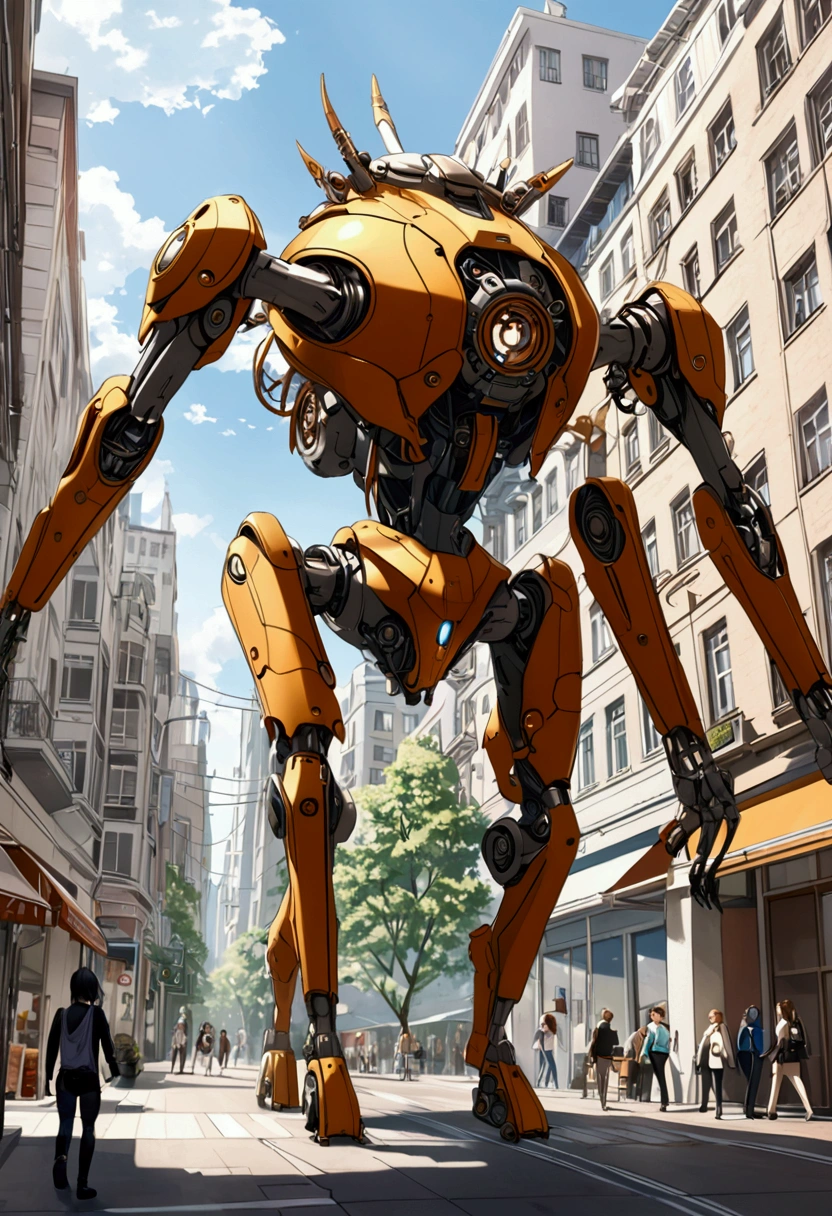 sexy mechanical creature walking in the city, daylight