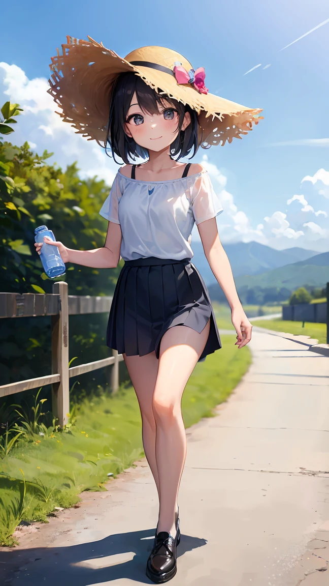 A girl around 10 years old is wearing a straw hat.。Smiling。She is wearing a white one-piece skirt。Wearing a water bottle。Composition from knee to top of head。Walking along a country road。High resolution and high image quality。