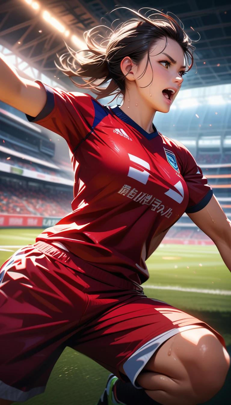 Masterpiece, Best Quality, Super Detailed, High Definition, HDR, Realistic, Depth, Fine Texture, Super Fine, Complete concentration, dynamic action shot, athlete in motion, intense focus, (sports uniform), sweat, (stadium lighting), dramatic action, motion blur, (football, soccer, - specify the sport), professional, ultra-detailed, intricate details, epic scale, depth of field, detailed textures, cheering crowd in the background, sports field, atmospheric lighting