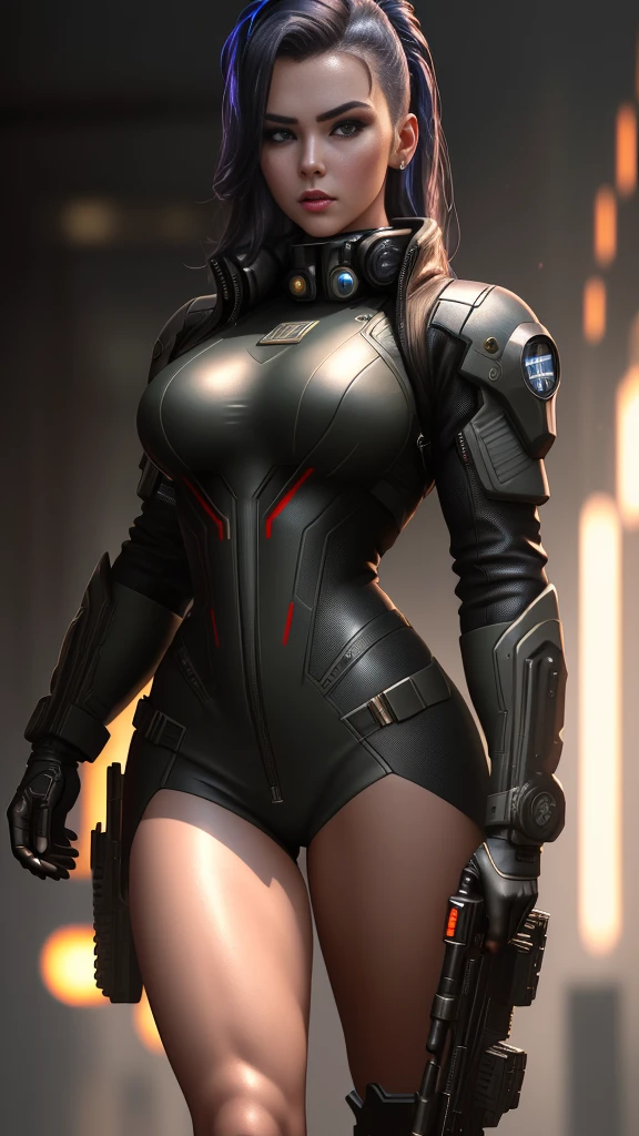 Beautiful cyberpunk girl looking at camera in military uniform Realistic muscle masterpiece poses ativa action poses luz LED., 30k, perfect lighting, cinematic lighting, sharp focus Sharp, highly detailed, highly detailed composition, intricate clothing details, shallow depth of light, HDR, stunning lighting, physics-based rendering.