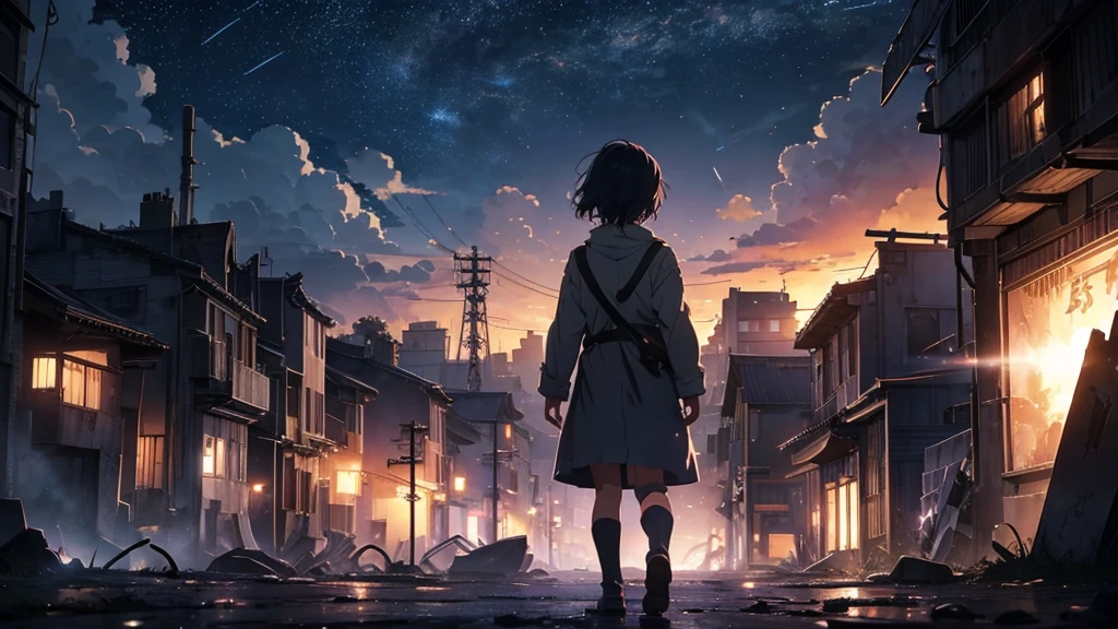 [anime　Ghibli style]The ruined city、The city is devastated by the battlefield and the lights are out。Right in front of a huge, cool robot、Back view of a 。The background is night、The rain is falling sadly。The stars are shining in the night sky。I want to create an image that goes well with ambient music.。
