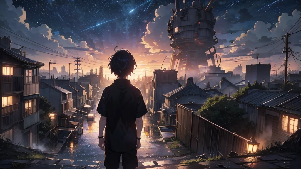 [anime　Ghibli style]The ruined city、The city is devastated by the battlefield and the lights are out。Right in front of a huge, cool robot、Back view of a little boy。The background is night、The rain is falling sadly。The stars are shining in the night sky。I want to create an image that goes well with ambient music.。