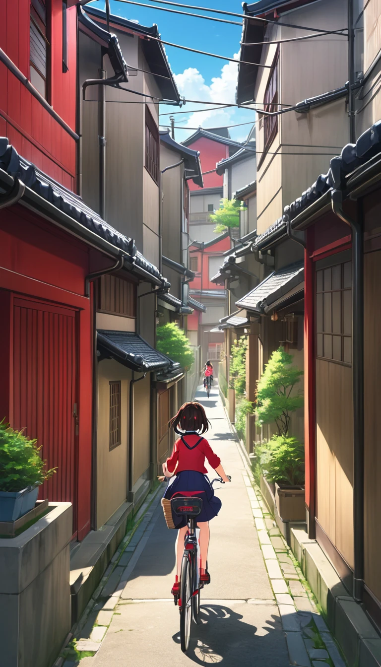 Anime girl riding a bicycle through a narrow alley lined with buildings, style of red line anime movie, Cute girl anime visuals, Kyoto Animation key visual, cycling!!, sakimi chan, Smooth anime CG art, makoto kano, Daily Life Anime, Official Anime Artwork, Kyoto Animation anime key visual, Atei Gailan Style