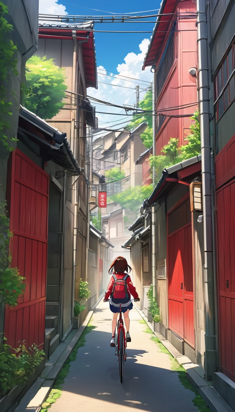 Anime girl riding a bicycle through a narrow alley lined with buildings, style of red line anime movie, Cute girl anime visuals, Kyoto Animation key visual, cycling!!, sakimi chan, Smooth anime CG art, makoto kano, Daily Life Anime, Official Anime Artwork, Kyoto Animation anime key visual, Atei Gailan Style