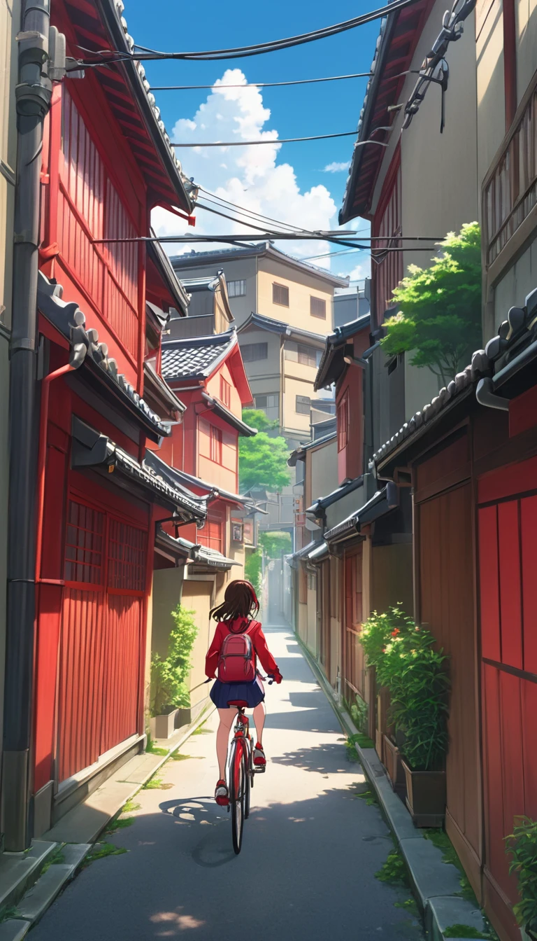 Anime girl riding a bicycle through a narrow alley lined with buildings, style of red line anime movie, Cute girl anime visuals, Kyoto Animation key visual, cycling!!, sakimi chan, Smooth anime CG art, makoto kano, Daily Life Anime, Official Anime Artwork, Kyoto Animation anime key visual, Atei Gailan Style