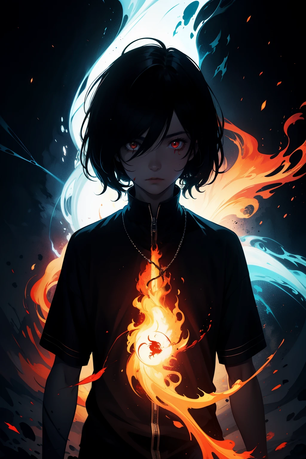 1boyl, black hair, red eyes, fire witch, blood, light particles, light rays, wallpaper, high contrast, colorful,