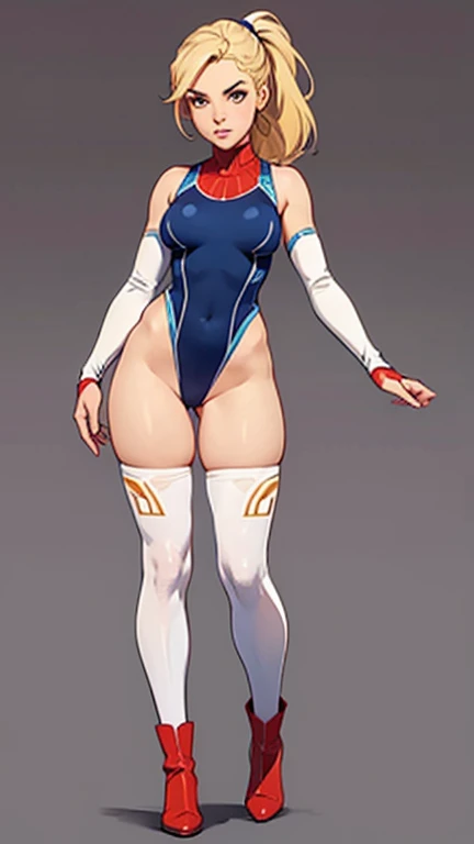 (masterpiece), (best quality), (high res), highly detailed, professional, 1girl, solo, solo focus, wonder, superhero, anime style, serious, v-shaped eyebrows, perfect hands, complete fingers, white elastic sleeves, leotard, navy leotard, competition swimsuit, blonde hair, medium breasts, brown eyes, beautiful detailed eyes, cute eyes, cute face, long hair, looking at viewer, medium breasts, ponytail, red boots, thighhighs, full body with costume, Simple background, Multiple Views, Character Sheet Full-Length.
