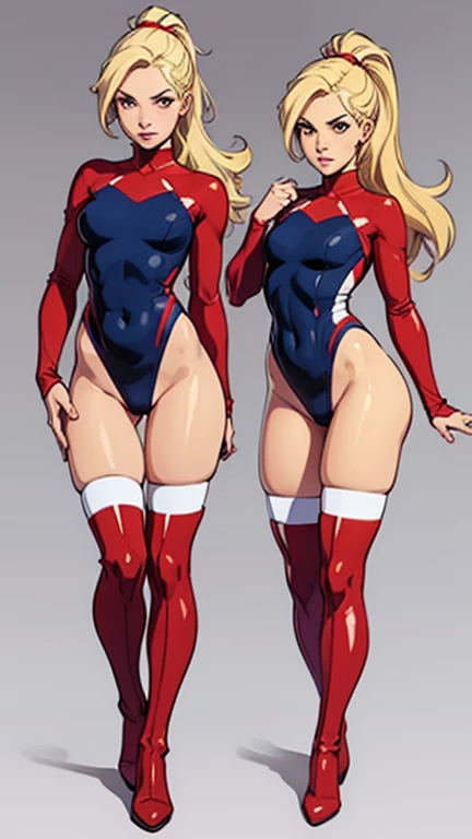 (masterpiece), (best quality), (high res), highly detailed, professional, 1girl, solo, solo focus, wonder, superhero, anime style, serious, v-shaped eyebrows, perfect hands, complete fingers, white elastic sleeves, leotard, navy leotard, competition swimsuit, blonde hair, medium breasts, brown eyes, beautiful detailed eyes, cute eyes, cute face, long hair, looking at viewer, medium breasts, ponytail, red boots, thighhighs, full body with costume, Simple background, Multiple Views, Character Sheet Full-Length.