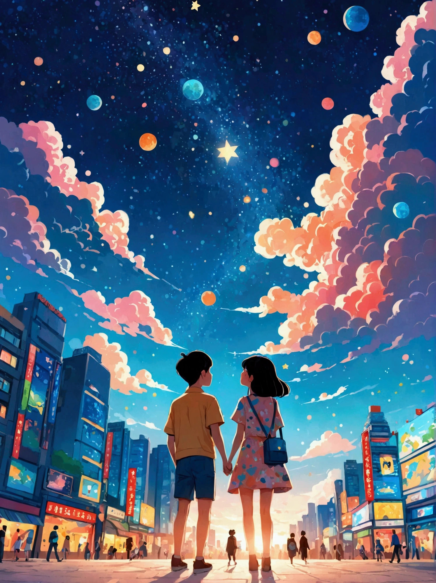 (8k,Bright colors,Bright,Ultra high saturation,rgb, Colorful), Cartoon, Character Design, Surreal photos,Matt Boles' comics,Simple,clean,soft,Exquisite,Summer Night,The deep blue sky is dotted with stars,A couple taking photos close up,Many pedestrians around,The background is the city landmark Beijing,full of romantic atmosphere,Detailed clouds and sky,Sense of space,White space,interesting,Innocence,Psychedelic Art,可爱的Q版Cartoon风格,Simple的背景,Colorful illustrations, Bright colors, Full body image, HD, High-resolution images in a Q-version style