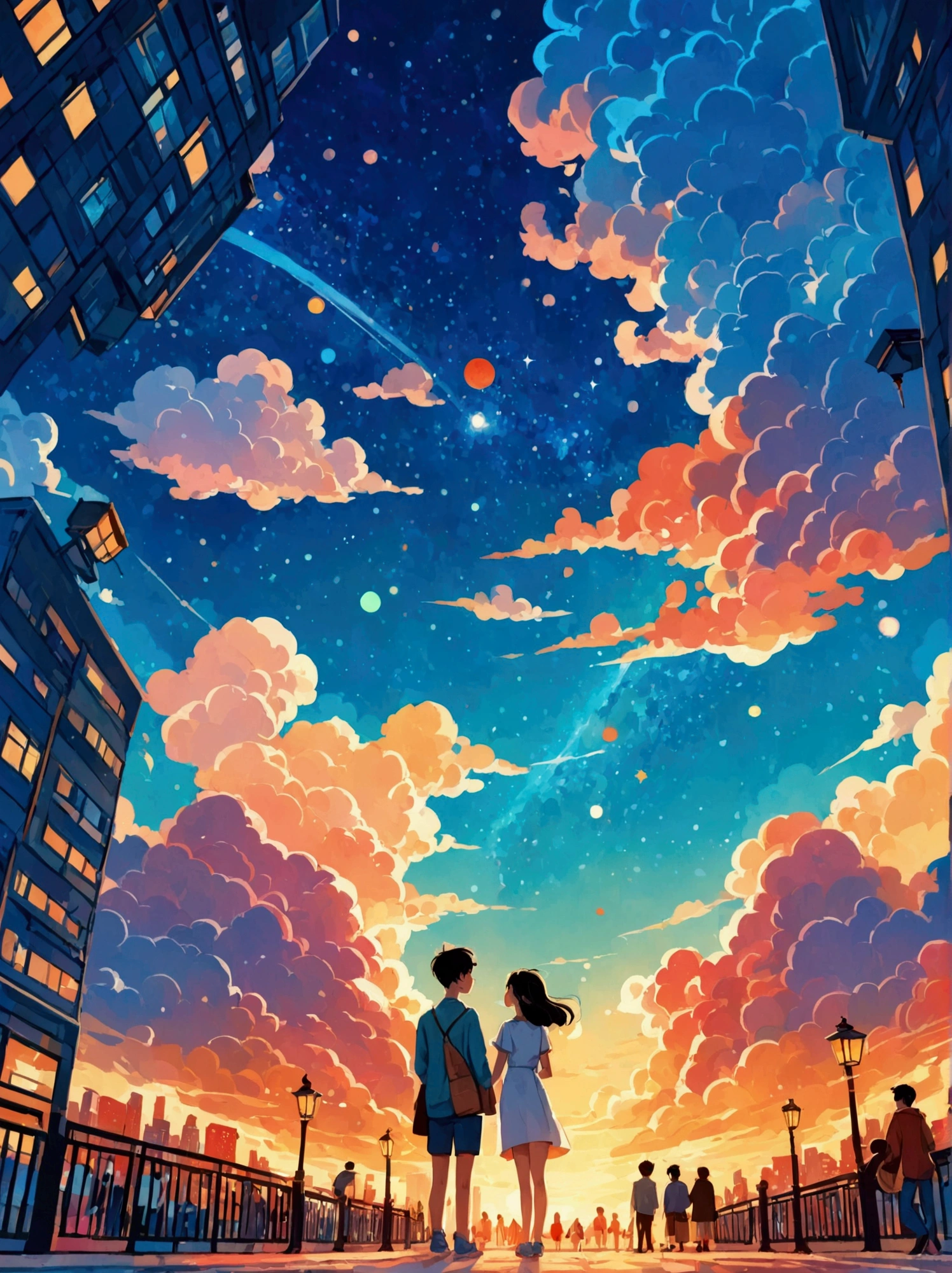 (8k，Bright colors，Bright，Ultra high saturation，rgb, Colorful), Cartoon, Character Design, Surreal photos，Matt Boles&#39; comics，Simple，clean，soft，Exquisite，Summer Night，The deep blue sky is dotted with stars，A couple taking photos close up，Many pedestrians around，The background is the city landmark Beijing，full of romantic atmosphere，Detailed clouds and sky，Sense of space，White space，interesting，Innocence，Psychedelic Art，可爱的Q版Cartoon风格，Simple的背景，Colorful illustrations, Bright colors, Full body image, HD, High-resolution images in a Q-version style
