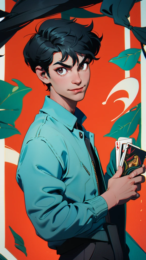 short black hair boy, holding a poker card in hand, serious look smiling and determined.