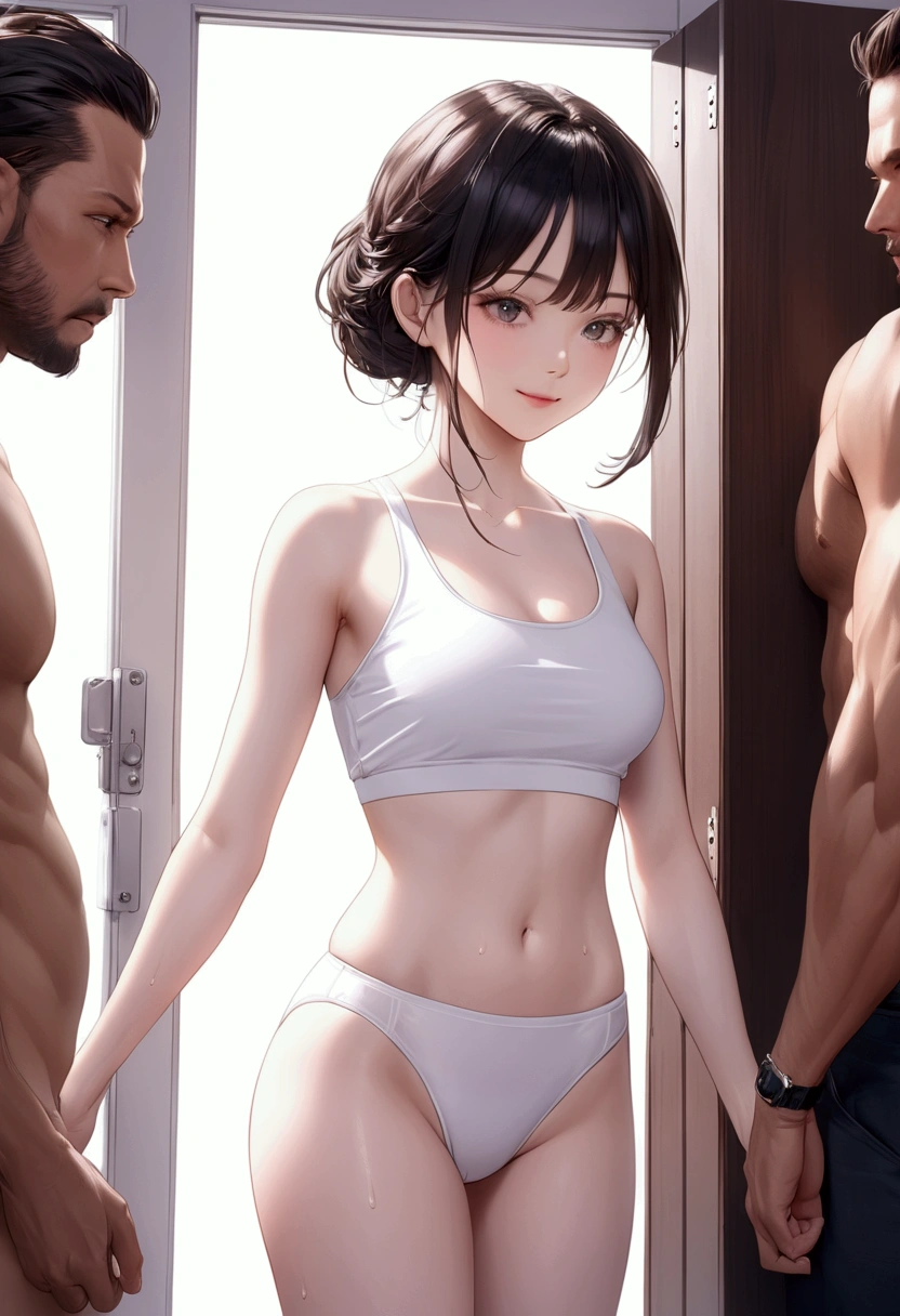 高いquality illustration, masterpiece, Very delicate and beautiful,Slender body,slim,Beautiful Eyes,(masterpiece, Highest quality:1.2), High resolution, Very detailed CG ユニティ 8k 壁紙, Perfect lighting, colorful, 超High resolution,4K,Very detailed, photograph, 8k, High resolutionolution,girl1people、Depicted from the front、非常に若いgirl、Very young、Muscular、Sportsman、Black Hair、smile、lockerルーム、locker、window、Sweat、 Sweaty、White sports bra、White sports bra、White panties、Surrounded by men、Man is watching、male enhancement、Thigh、navel