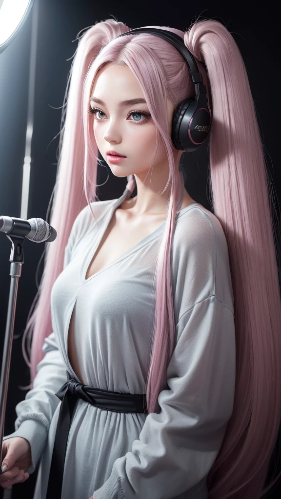 (A photo of a beautiful girl in fashionable casual clothes wearing headphones and singing into a recording microphone in a recording studio was posted on social media.) (The beautiful girl is 17 years old, 18% Japanese, 26% French, and 56% Ukrainian, 178 cm tall, small bust but stylish, with a beautiful, well-balanced figure.) (Her hair is pink ash gray and super long, tied in twin tails with black ribbons, and curls in a spiral toward the tip.) (Her eyebrows are the same color as her hair, thin, slightly thick and short, and her eyelashes are long.) (Her large blue eyes reflect the light of the lighting and are amazingly beautiful like pearls.) (Her nose is high like an English person, her lips are plump and shaped so that you want to kiss them, her skin is translucent white, and the balance between her head and face is in line with traditional Japanese aesthetics.) Her hands should have five fingers. Furthermore, even her nails are drawn very delicately. (Single, Masterpiece, Ultra Detailed, Highest Quality, Artistic Composition, Ultra Precision, Realistic, Photorealistic, High Resolution, Dynamic Lighting Effects, Golden Ratio, Surreal). Try your best to meet all these criteria.