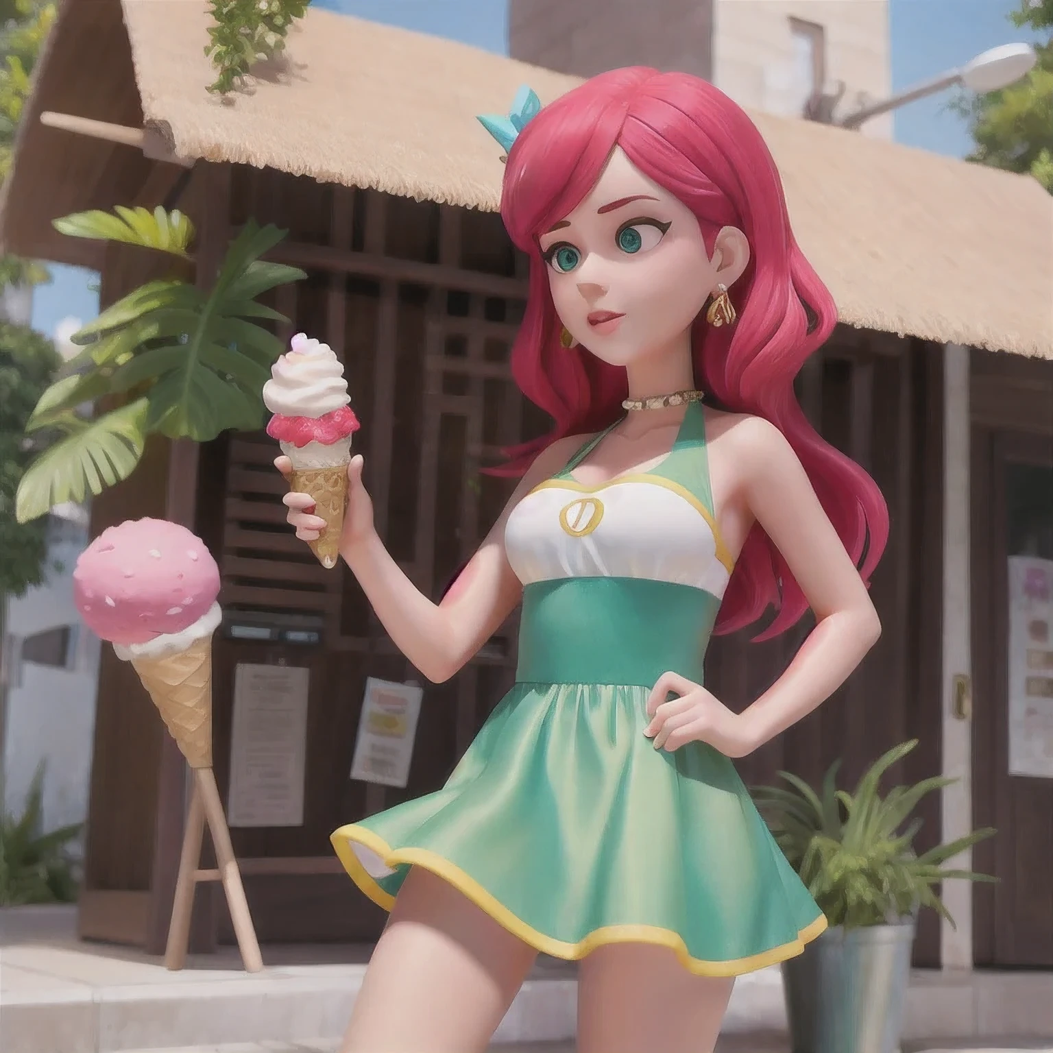 girl in a bikini eating an ice cream cone, eating ice cream, in a bikini, angela white, giorgia meloni, katy perry, in bikini, eating ice - cream, wearing spandex bikini, ice cream on the side, bikini, ice cream, wearing a bikini, candid photo of dirty, shiny plastic bikini, candid shot, cone, 1 girl, solo,in a green dress standing by a wall,portrait of female idol