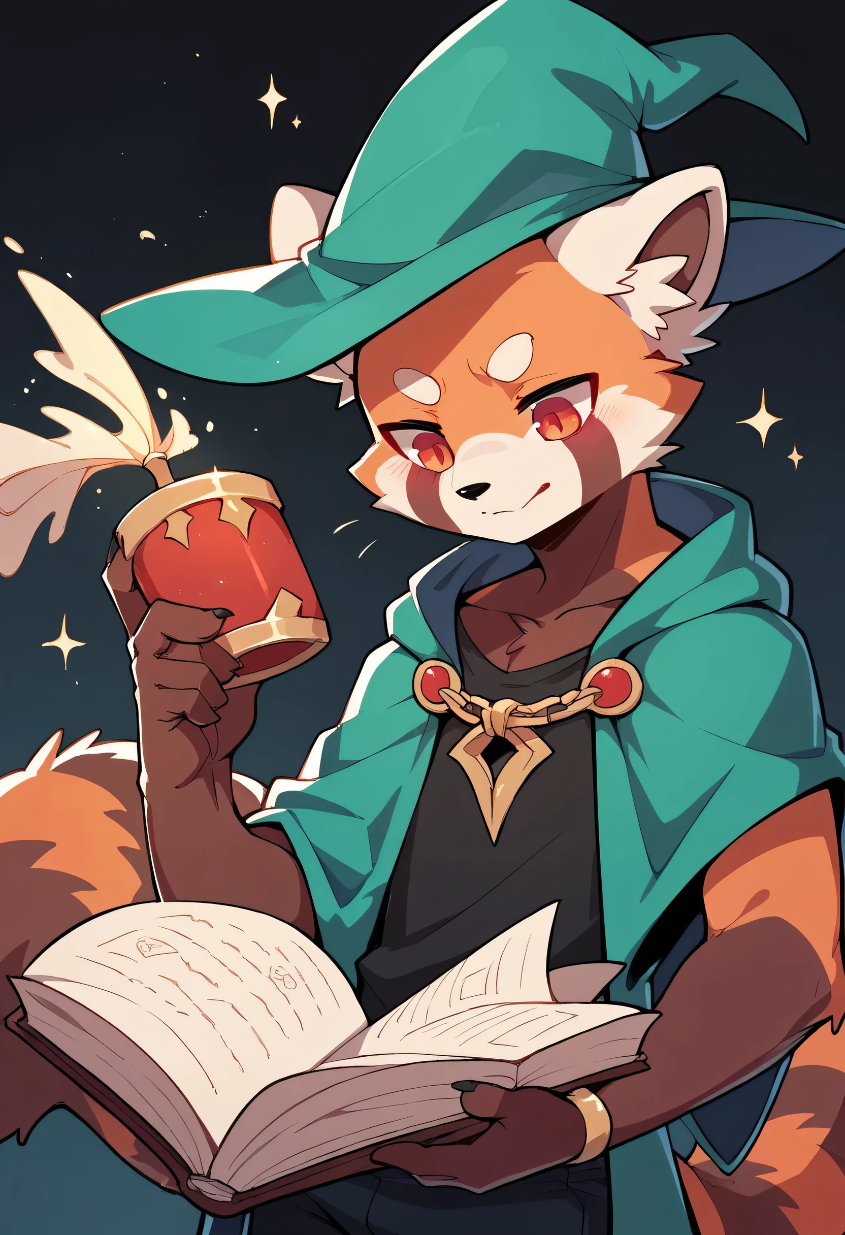 Red Panda Boy,Wizard,holding a magic book in his hand！