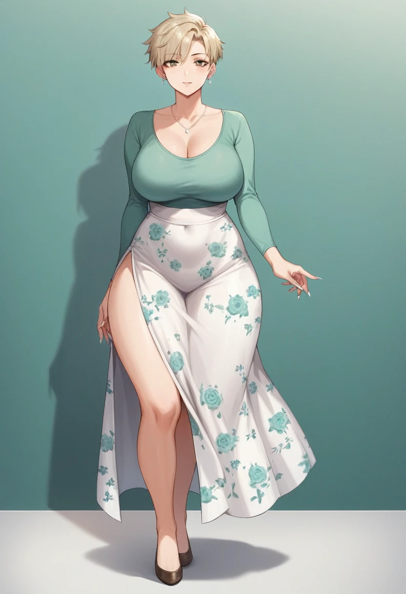 1girl, solo, (tomboy:1.2), (short hair, long sidelocks) large breasts, wide hips, thick thighs, 40 year old woman, blonde hair, barefoot, small feet, white nail polish, long fingernails,  full body shown, standing, tight long sleeve green blouse, above the knee black floral skirt, slightly long skirt, ballerina flats shoes, brown footwear, milf, milf body, entire body shown, facing forward, earrings, small necklace