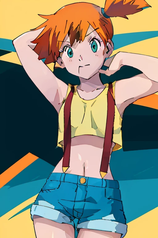 girl,Embarrassing and vulgar,misty,cute,sexy,Gravure pose, 1girl, misty (pokemon), orange hair, 独奏, shorts, suspenders, side ponytail, orange hair, midriff, yellow crop top, navel, short hair, denim, denim shorts