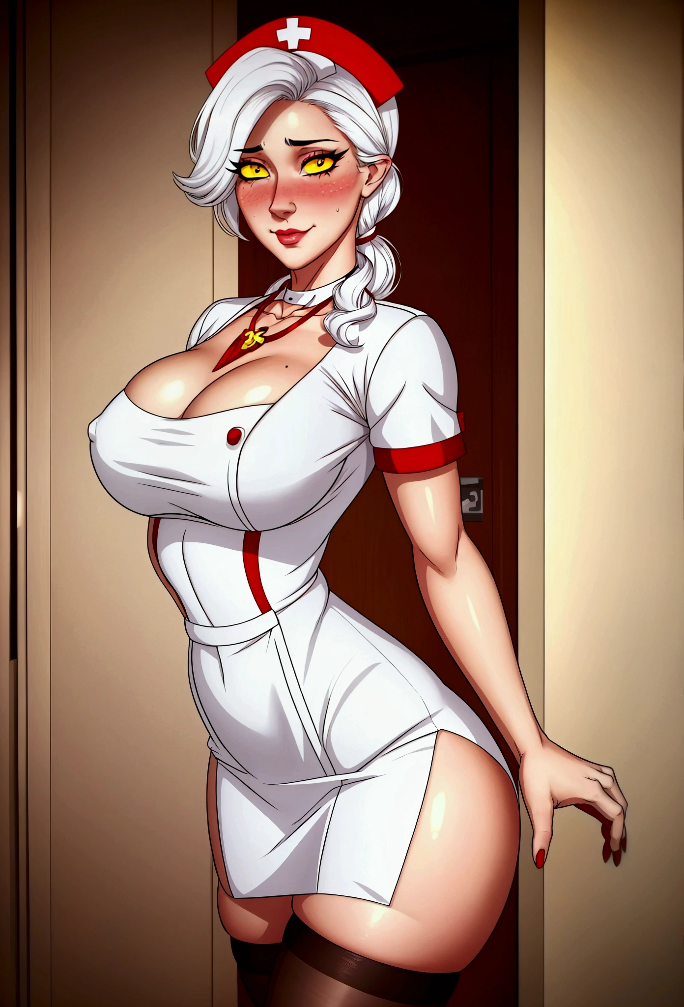 A sexy girl with white hair dressed as a nurse, In a room, unsmooth skin, neckleace, shining skin, perfect detailed yellow eyes, Stockings, shy and blushing face extremely sexy.