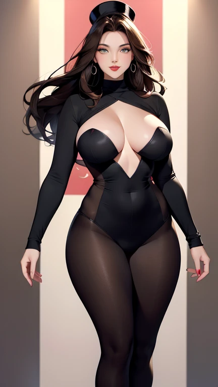 perfect face ( red lips, green eyes), curvy body, big body, bigger chest, wearing (Pink high beam stripe with black spots), full body suit,long dark brown hair with very long dark brown hair, super long dark brown hair with very super long dark brown hair, Large dark brown hair, huge dark brown hair with very huge dark brown hair, anime proportions, good proportions, video game, Standing woman wearing a large hat