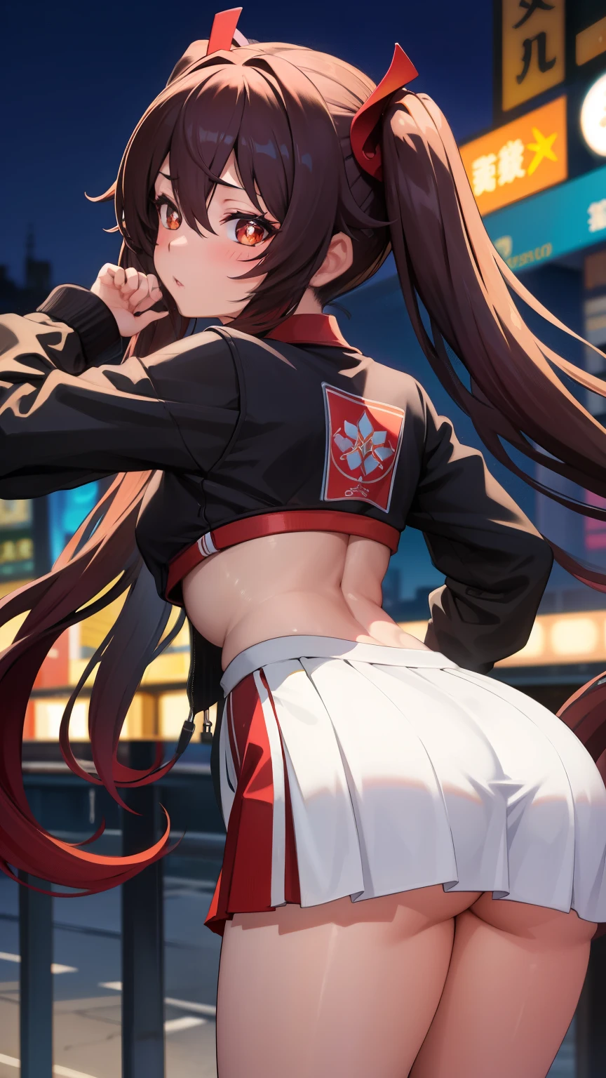 masterpiece, best quality, HuTaoV4, 1girl, solo, blush, twintails, long hair, hair between eyes, ((streetwear clothes)), city, outdoors, night, movie poster, extremely detailed 8K, smooth, high resolution, ultra quality, cinematic lighting, ambient occlusion, hd, 2k, 4k, 8k, 16k, extremely detailed anime, detailed faces, perfect composition, wide shot, atmospheric lighting, very sexy, lift skirt, random low back angle, uncensored, nsfw, sin censura