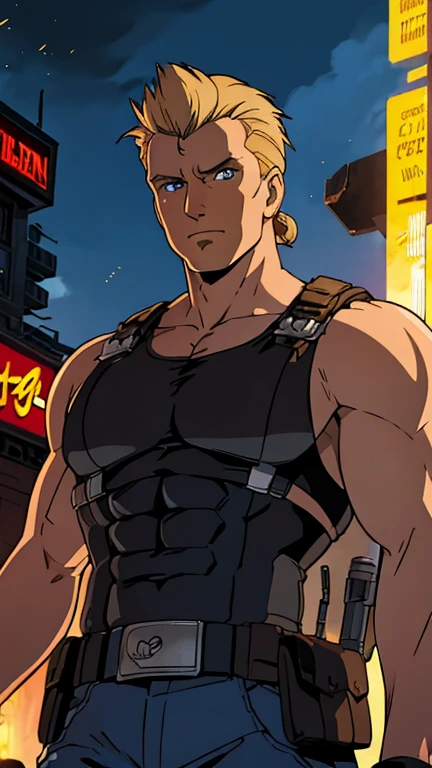 (Dolph Lungren), (extremely detailed CG unit 8k wallpaper),(master part), (best quality), (ultra detali), (best illustration),(duke nukem), cowboy shot, (Sharp eyeliner, ombre, detailed eyes:1),  dark city background ,break , (ghibli style), upper body