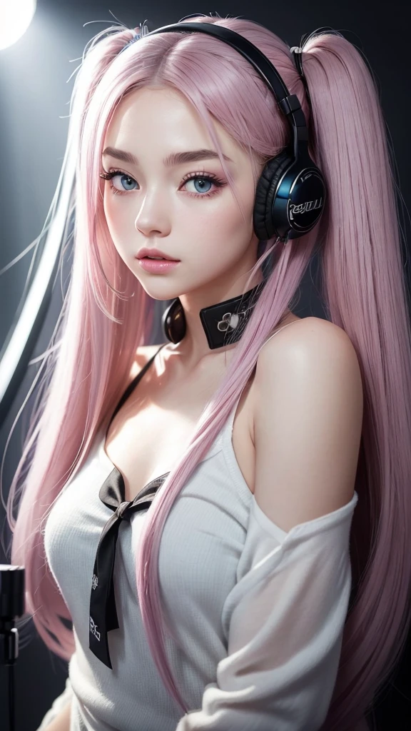 (A photo of a beautiful girl in fashionable casual clothes wearing headphones and singing into a recording microphone in a recording studio was posted on social media.) (The beautiful girl is 17 years old, 18% Japanese, 26% French, and 56% Ukrainian, 178 cm tall, small bust but stylish, with a beautiful, well-balanced figure.) (Her hair is pink ash gray and super long, tied in twin tails with black ribbons, and curls in a spiral toward the tip.) (Her eyebrows are the same color as her hair, thin, slightly thick and short, and her eyelashes are long.) (Her large blue eyes reflect the light of the lighting and are amazingly beautiful like pearls.) (Her nose is high like an English person, her lips are plump and shaped so that you want to kiss them, her skin is translucent white, and the balance between her head and face is in line with traditional Japanese aesthetics.) Her hands should have five fingers. Furthermore, even her nails are drawn very delicately. (Single, Masterpiece, Ultra Detailed, Highest Quality, Artistic Composition, Ultra Precision, Realistic, Photorealistic, High Resolution, Dynamic Lighting Effects, Golden Ratio, Surreal). Try your best to meet all these criteria.