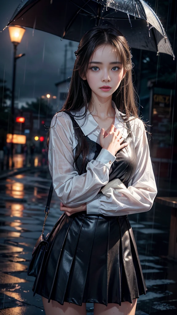 (RAW shooting, Photoreal:1.5, 8k, highest quality, masterpiece, ultra high resolution), perfect dynamic composition:1.2, night, street corner, look up at the sky:1.3, (((Typhoon heavy rain))), Highly detailed skin and facial textures:1.2, Slim high school girl wet in the rain:1.3, sexy beauty:1.2, perfect style, beautiful and aesthetic, Fair skin, very beautiful face, (rain drips all over my body:1.2, wet hair:1.3, Wet school uniform:1.2), water droplets on the skin, (Medium chest, Chest gap), (embarrassing smile, The expression on your face when you feel intense caress, Facial expression when feeling pleasure), (beautiful blue eyes, Eyes that feel beautiful eros:0.8), (Too erotic:0.9, Bewitching:0.9), small bag, cowboy shot, perfect limbs, perfect fingers