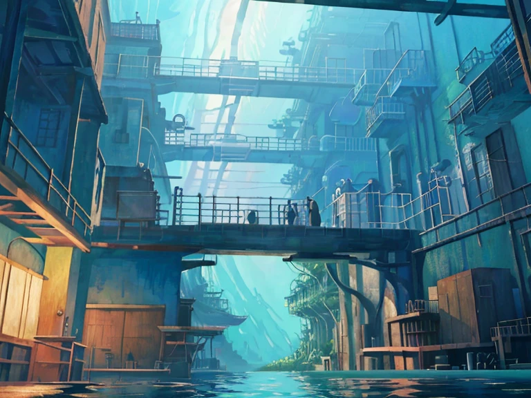 DVD screengrab from studio ghibli movie, (beautiful aquatic laboratory interior:1.4), clouds on blue sky, designed by Hayao Miyazaki, retro anime, street view, (no people:1.5)