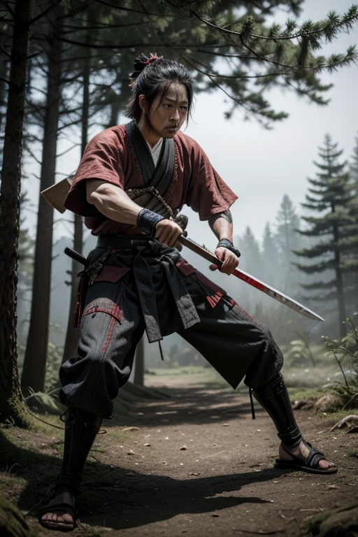 the image of a samurai wielding his blood-stained sword in the middle of the forest, photo realist