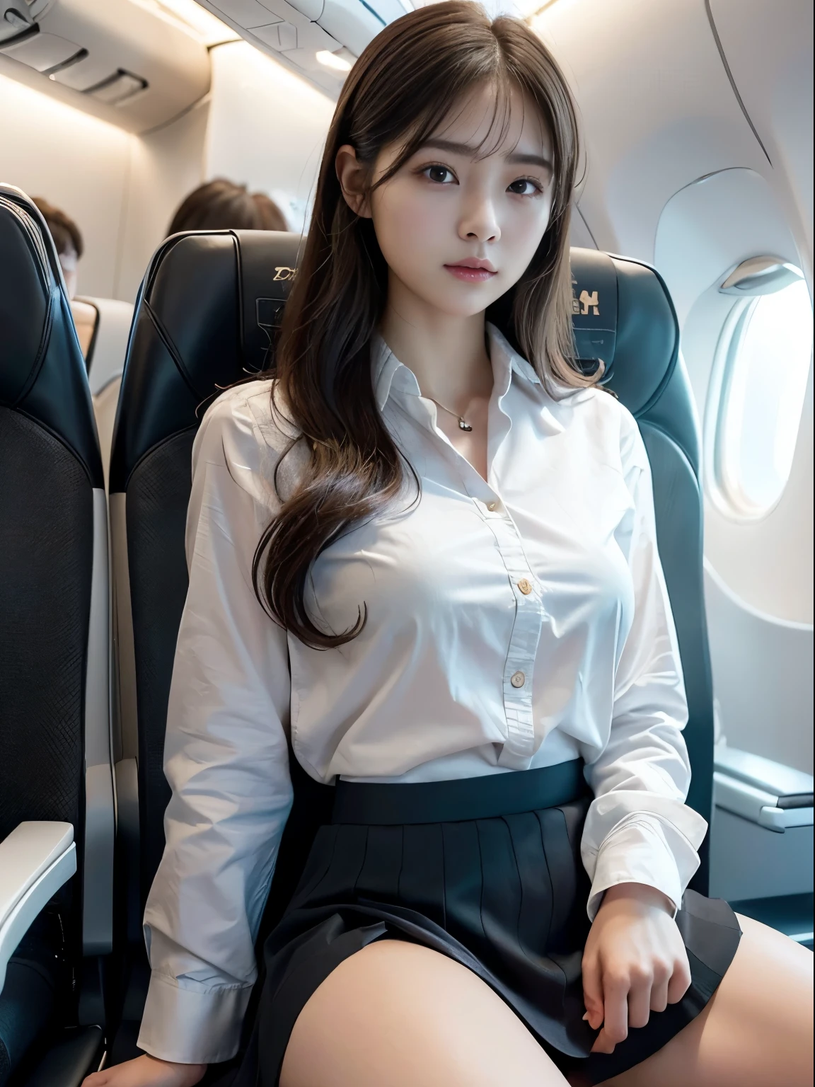 One Girl、最high quality、high quality、Extremely detailed photos、Eye for detail、Super detailed face、Ultra-detailed hair、Ultra-detailed body、(Seats on airliners:1.3)、Dark brown short hair、Glowing Skin、Natural Makeup、((Wear a flight attendant uniform))、((Wear a skirt:1.2))、((Twisting the skirt:1.2))、Wearing panties、squat、((Before opening your legs:1.3))、((Panties exposed:1.3))、Half-crouch、Seeing the viewer、