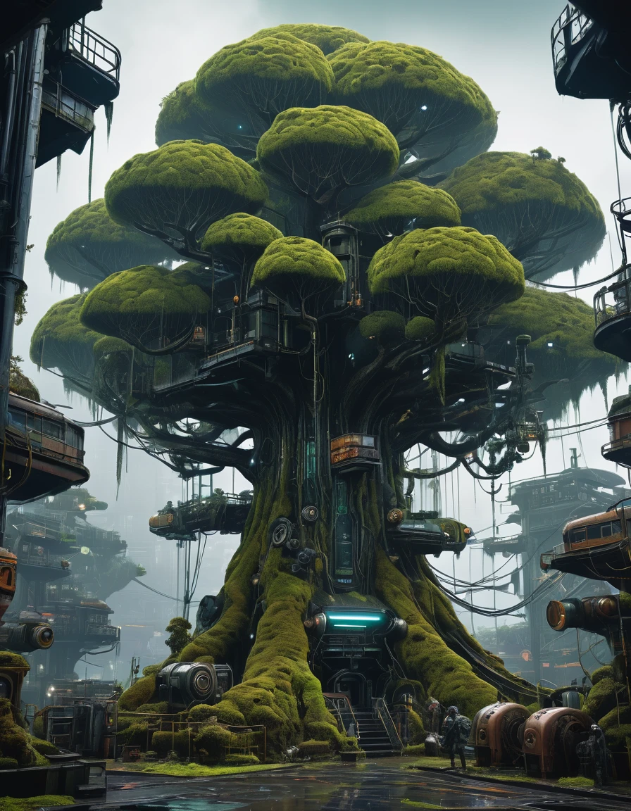masterpiece, Highest quality, Very detailed, cyber punk,No people、Biometals、(Giant Tree)、Nanomachines、Self-replicating machines、Putting down rootoving Branches、dark、poisonous mist、rust、moss、Oil、Dynamic Angle、