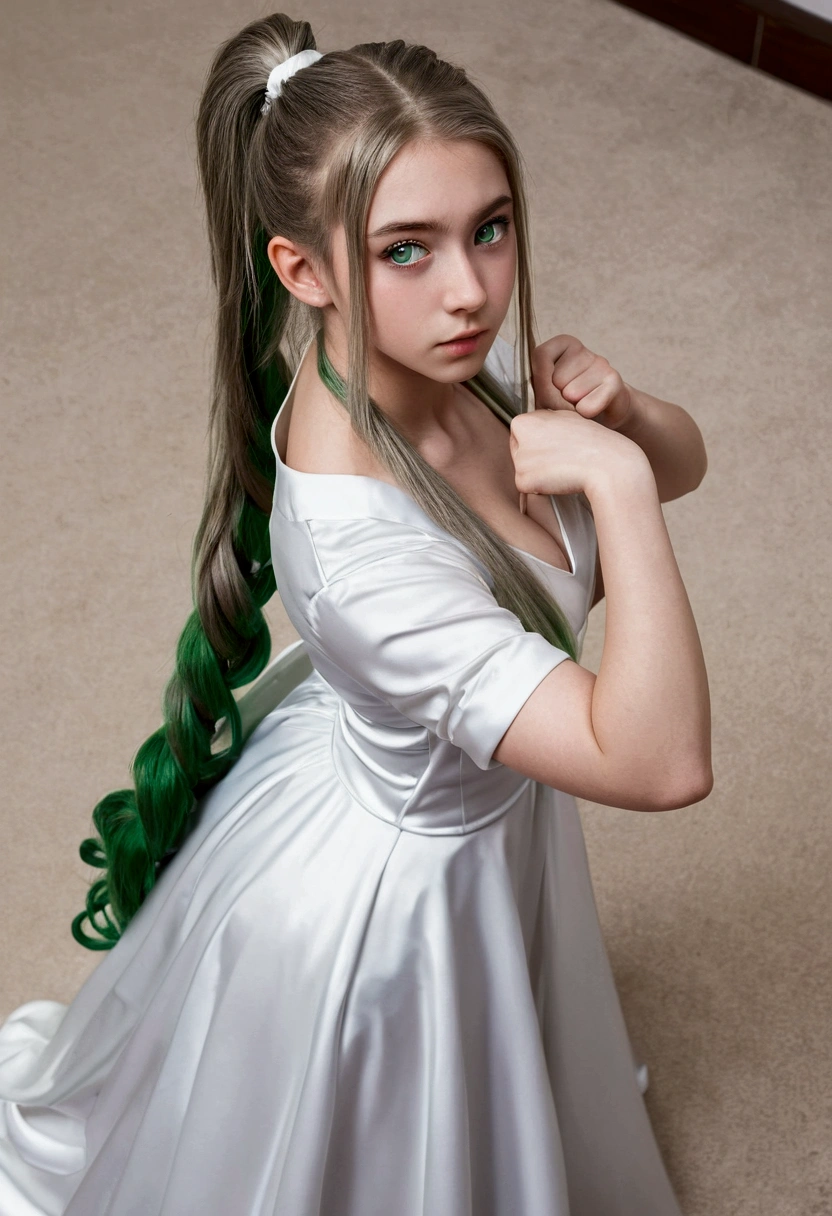 (best qualityer, work of art),sexly, erotic, 18+, NSFW, 1 girl, 18 years old, scorn, pride, long silver hair,glare eyes, ((standing)), (((stretching))), ((greeneyes)), ((two ponytails)), white gown, (((From above))), mic